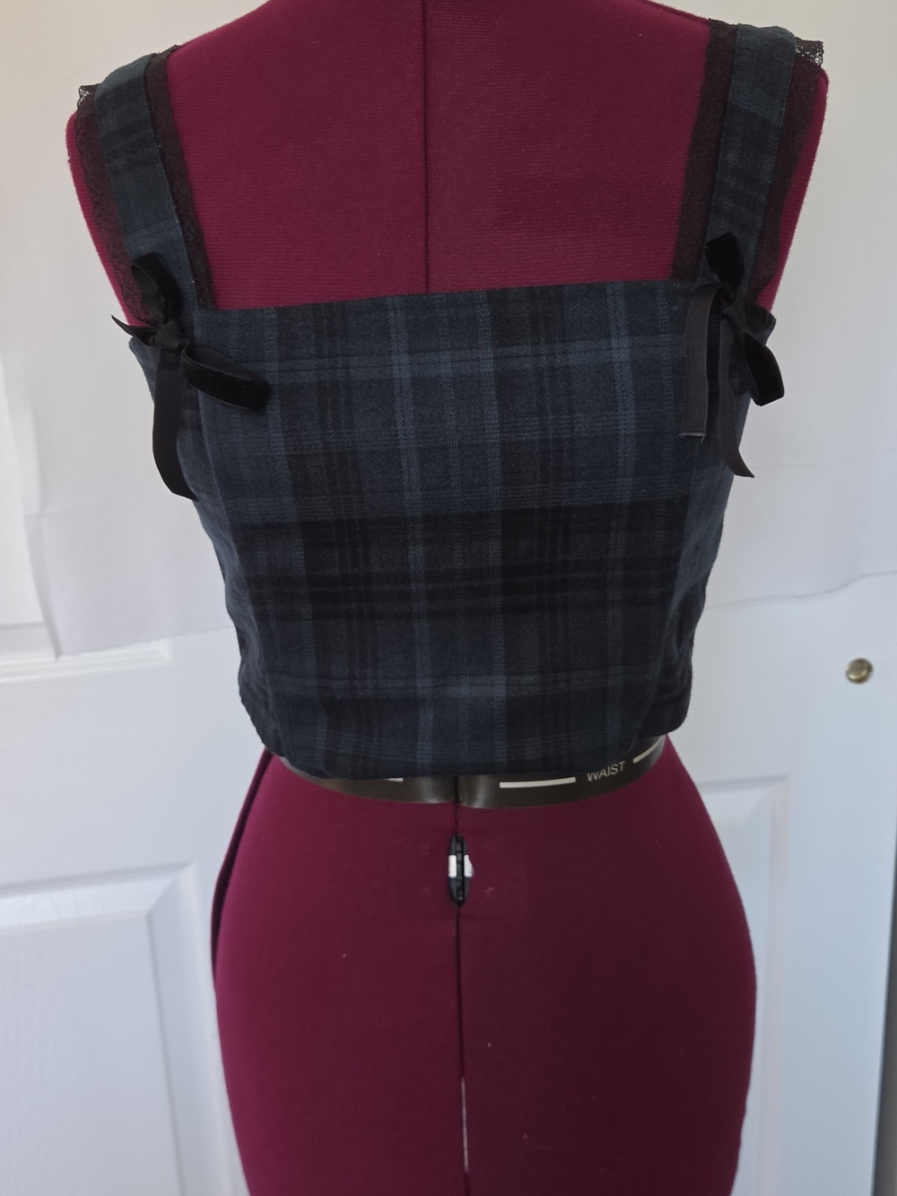 Altar'd State Black Blue Plaid Square-Neck Corset Crop Top Size M Fall Winter